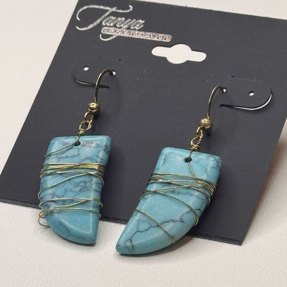 Blue and Gold Wire Wrapped Earrings with Turquoise Stones - Picture 3 of 6